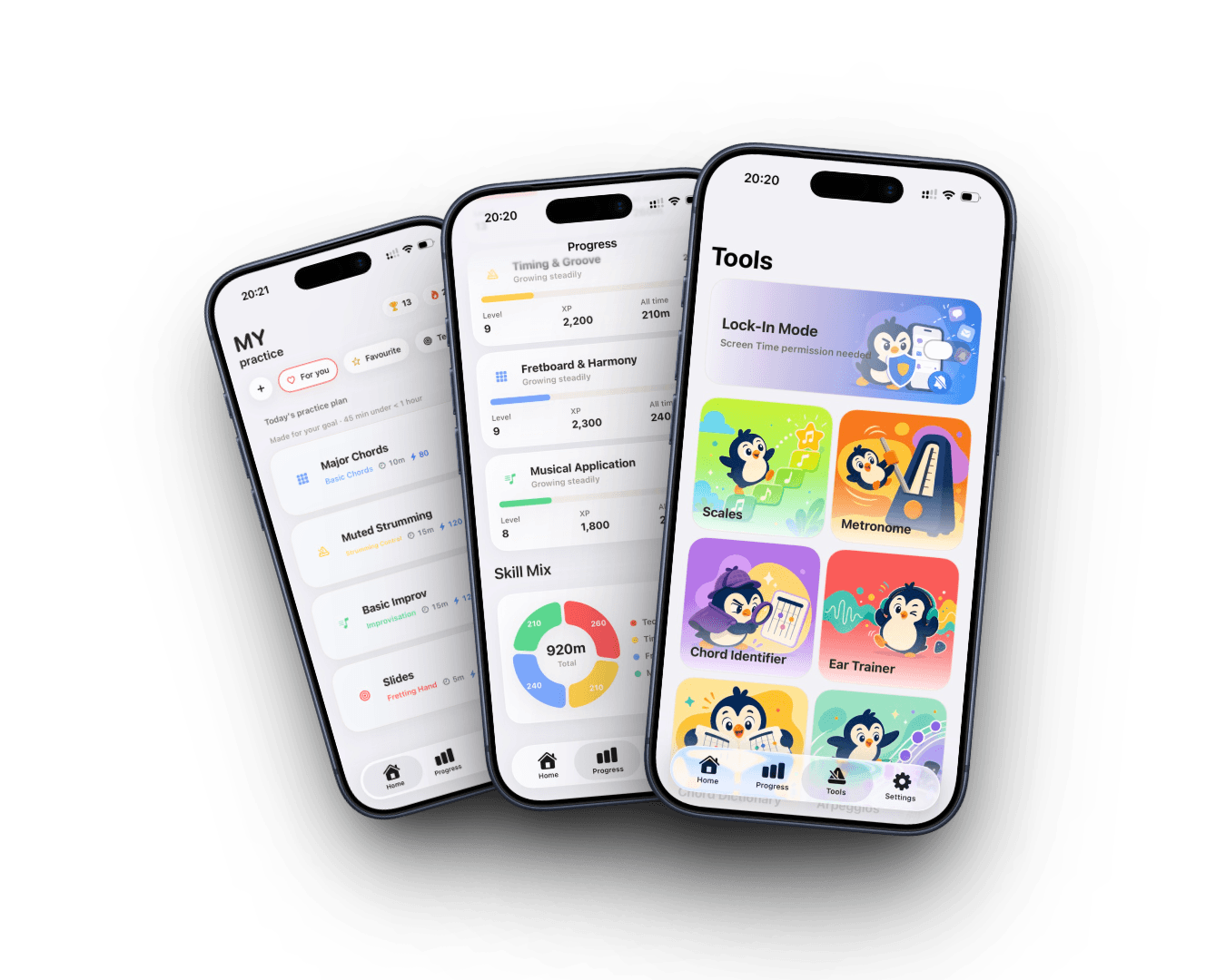 Gumeo app screens showing practice, progress, and tools